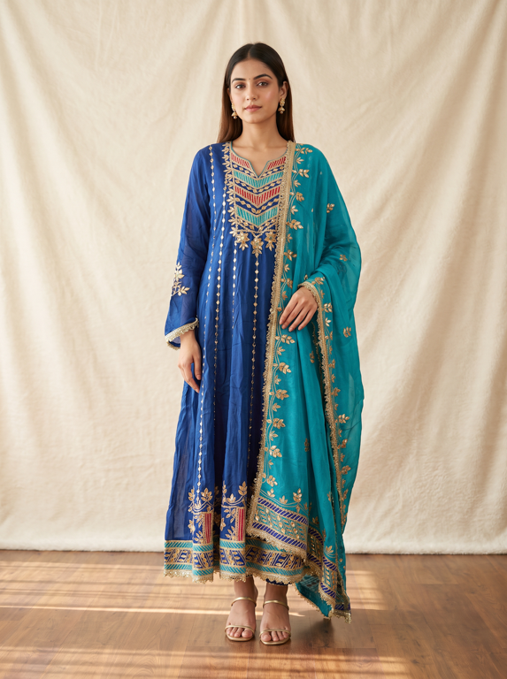 Royal Cobalt Blue Gota Work Anarkali Suit Set with Teal Dupatta - Image 3
