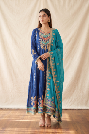 Royal Cobalt Blue Gota Work Anarkali Suit Set with Teal Dupatta