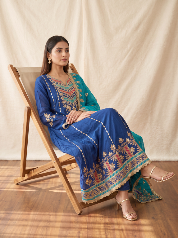 Royal Cobalt Blue Gota Work Anarkali Suit Set with Teal Dupatta - Image 5