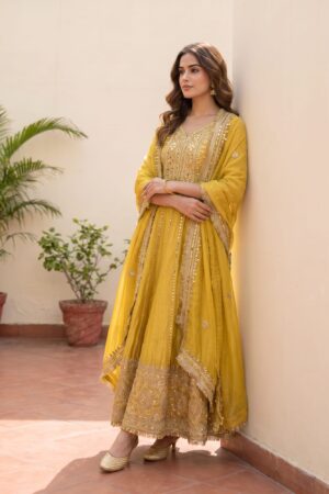 Sunshine Mustard Yellow Gota work Anarkali Suit Set with Dupatta.
