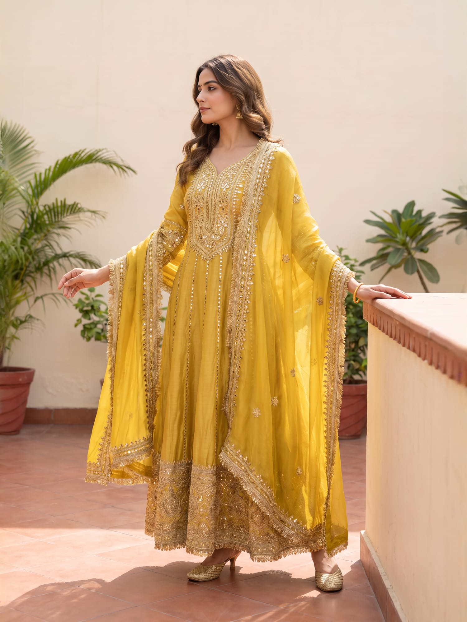 Sunshine Mustard Yellow Gota work Anarkali Suit Set with Dupatta. - Image 2