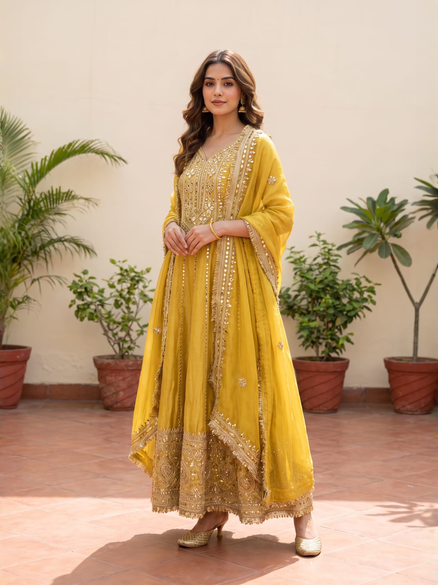 Sunshine Mustard Yellow Gota work Anarkali Suit Set with Dupatta. - Image 3