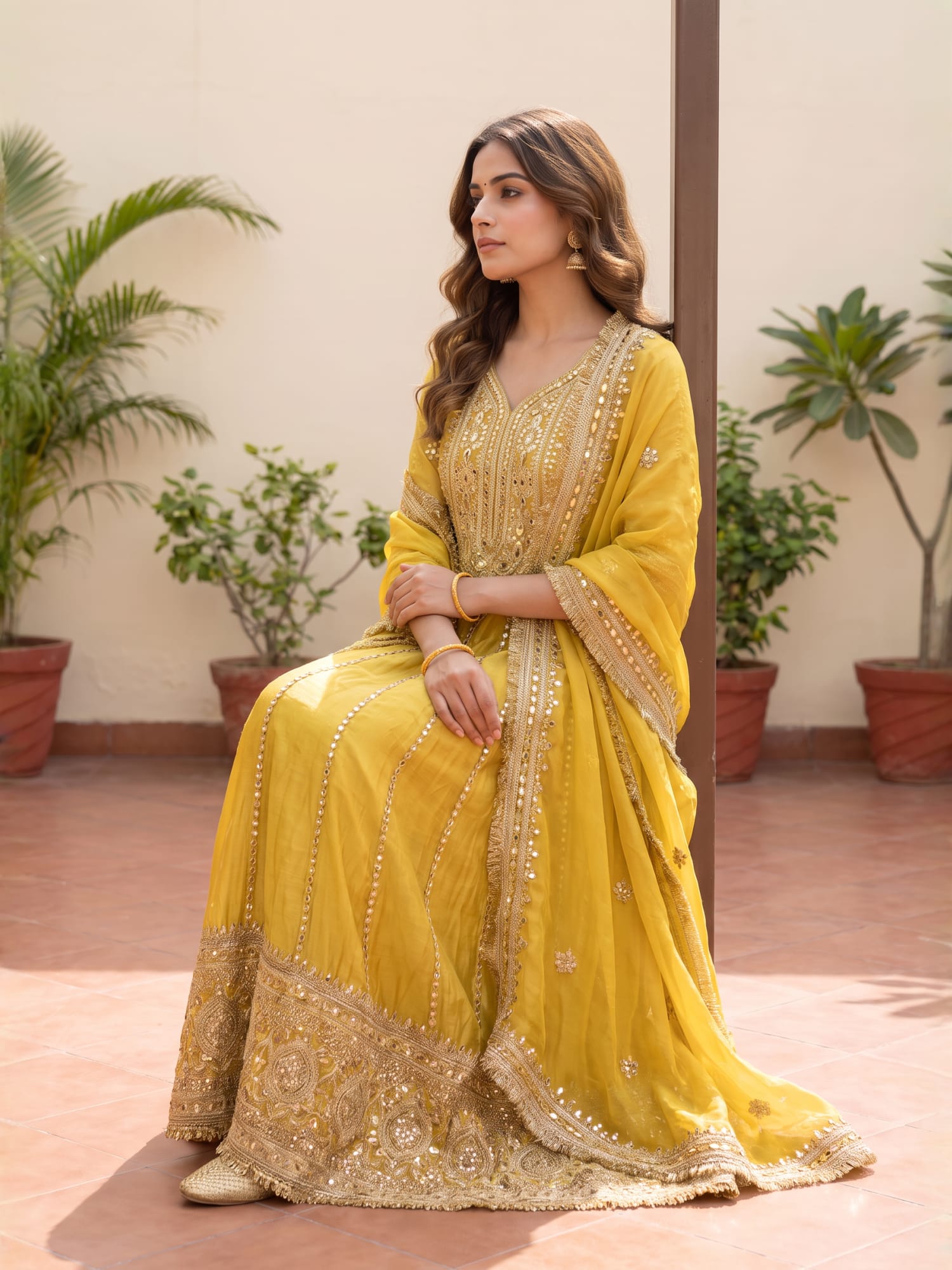 Sunshine Mustard Yellow Gota work Anarkali Suit Set with Dupatta. - Image 4