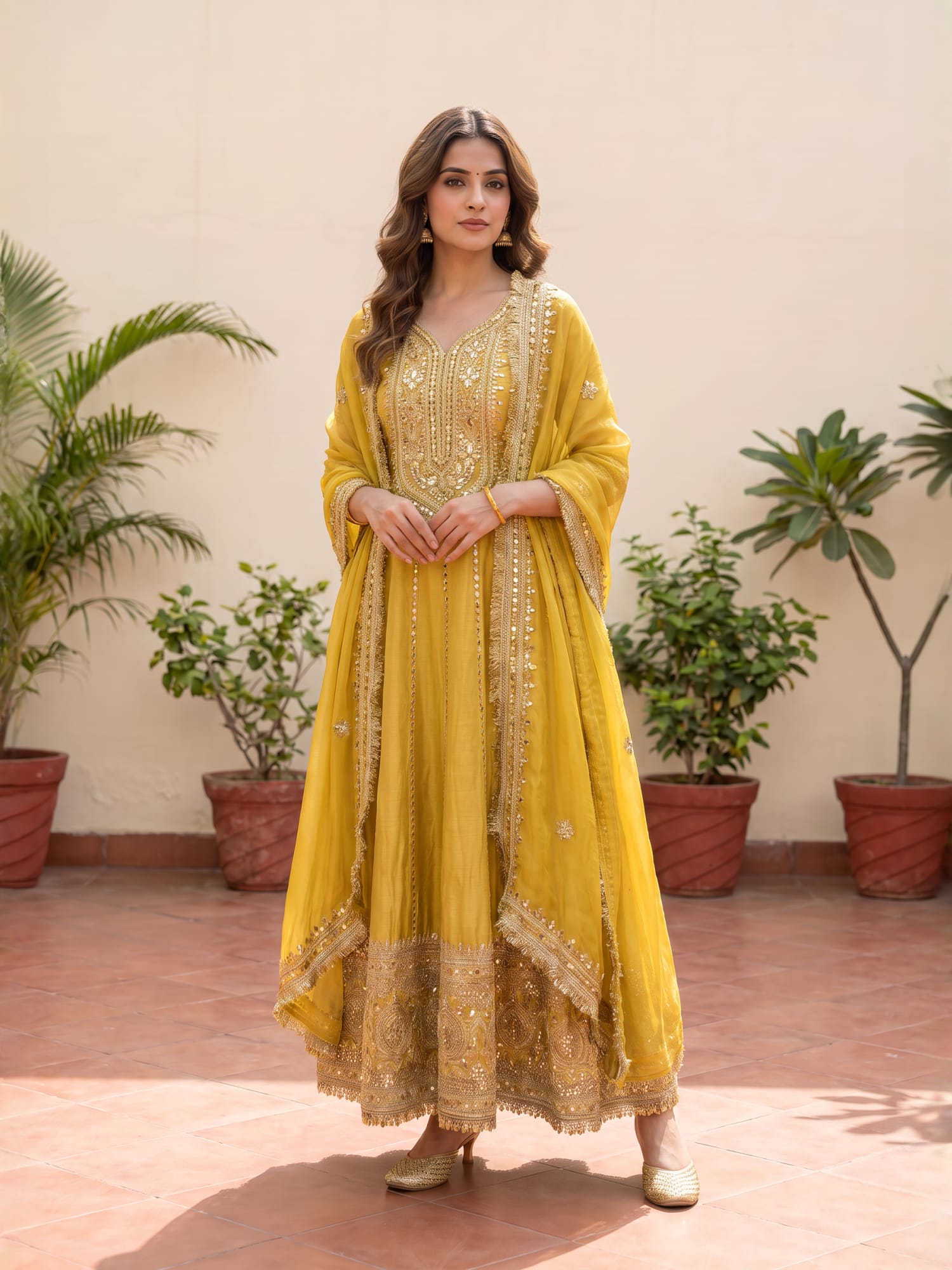 Sunshine Mustard Yellow Gota work Anarkali Suit Set with Dupatta. - Image 5