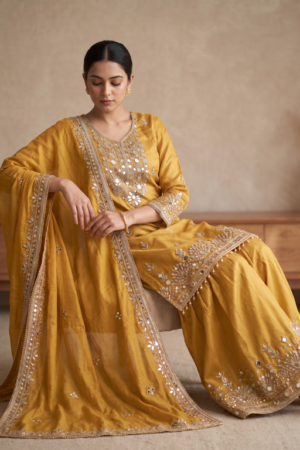 Golden Mustard Gota Work Kurta Gharara Set with Dupatta.