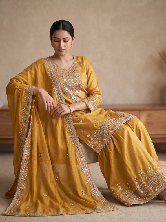 Golden Mustard Gota Work Kurta Gharara Set with Dupatta.