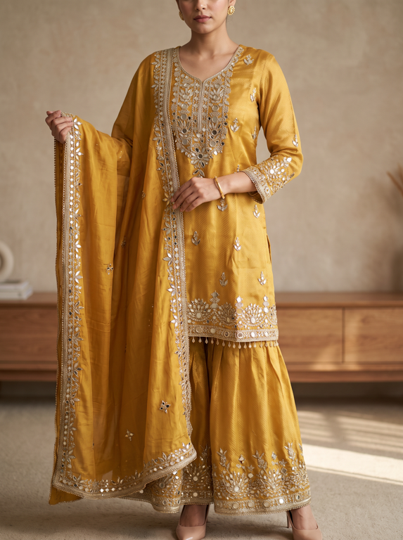 Golden Mustard Gota Work Kurta Gharara Set with Dupatta. - Image 2