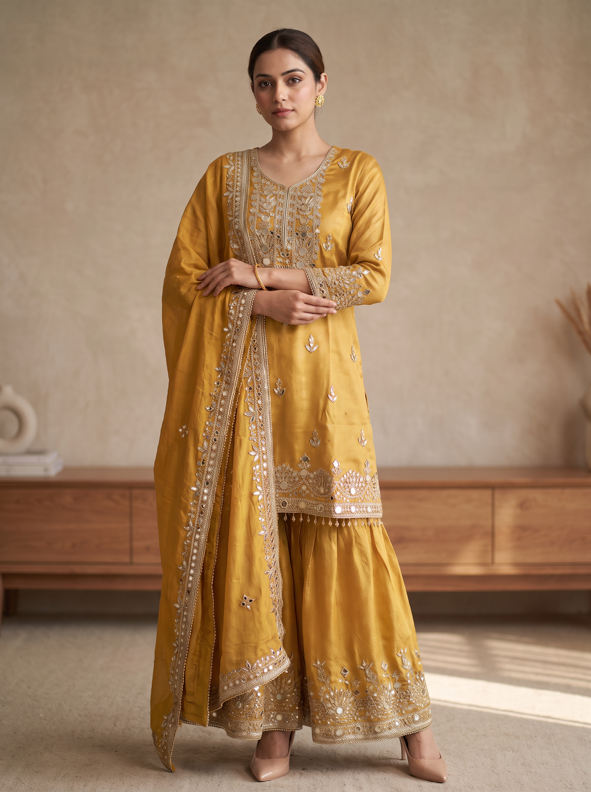 Golden Mustard Gota Work Kurta Gharara Set with Dupatta. - Image 3