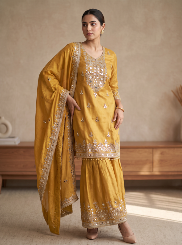 Golden Mustard Gota Work Kurta Gharara Set with Dupatta. - Image 4