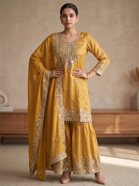 Golden Mustard Gota Work Kurta Gharara Set with Dupatta. - Image 5