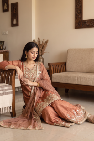 Rosewood Embroidered Kurta Gharara Set with Organza Dupatta.