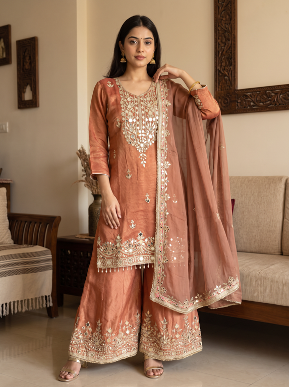 Rosewood Embroidered Kurta Gharara Set with Organza Dupatta. - Image 2