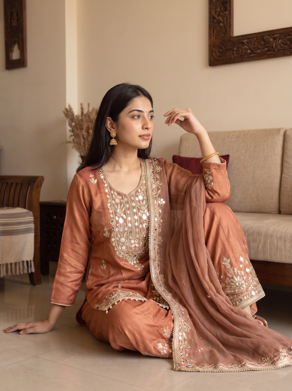 Rosewood Embroidered Kurta Gharara Set with Organza Dupatta. - Image 3