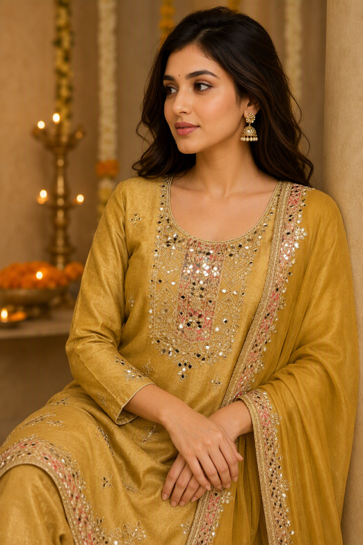 Olive Gold Embroidered Straight Kurta Set with Dupatta. - Image 2