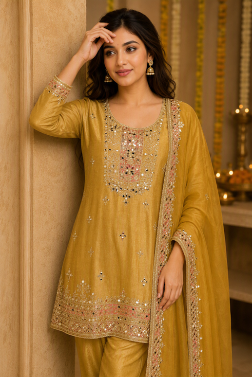 Olive Gold Embroidered Straight Kurta Set with Dupatta. - Image 5