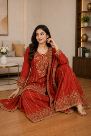 Elevate your ethnic style with this chic short top paired with a graceful Copper Gold gharara.