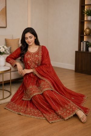 Ruby Red Embroidered Kurta Sharara Set with Dupatta.