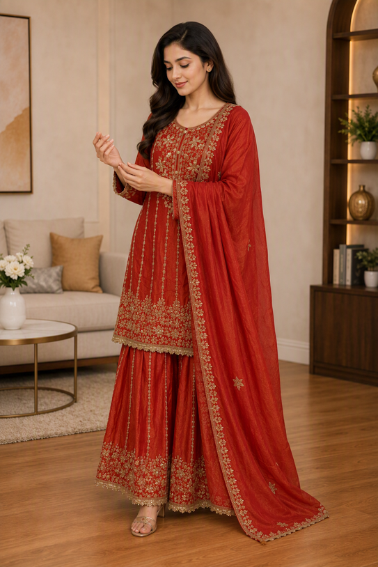 Ruby Red Embroidered Kurta Sharara Set with Dupatta. - Image 3