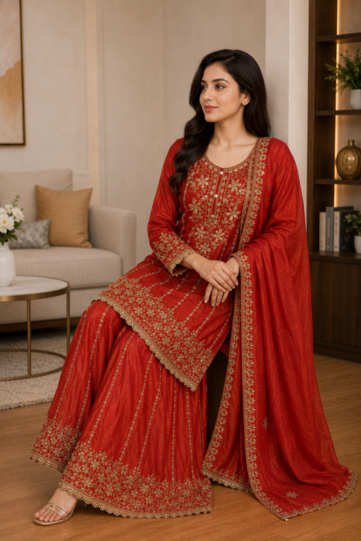 Ruby Red Embroidered Kurta Sharara Set with Dupatta. - Image 4