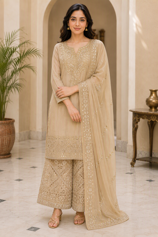 Champagne Beige Embroidered Kurta Sharara Set with Dupatta. - Image 2