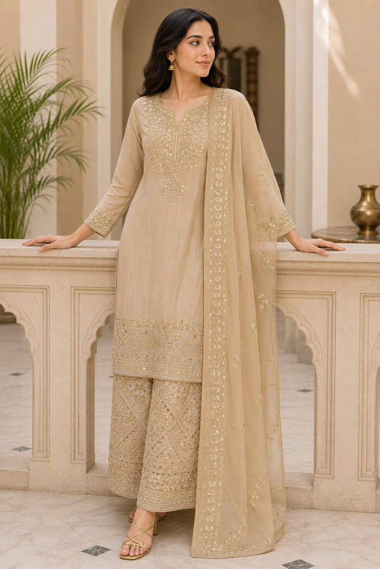 Champagne Beige Embroidered Kurta Sharara Set with Dupatta. - Image 4