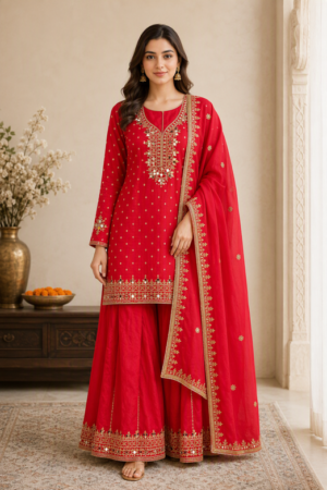 Crimson Red Embroidered Kurta Gharara Set with Dupatta