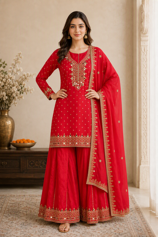 Crimson Red Embroidered Kurta Gharara Set with Dupatta - Image 3