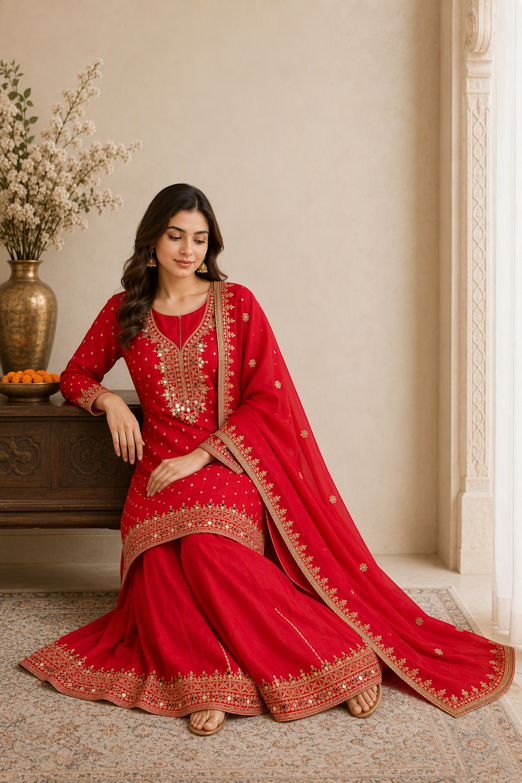 Crimson Red Embroidered Kurta Gharara Set with Dupatta - Image 2