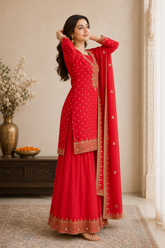 Crimson Red Embroidered Kurta Gharara Set with Dupatta - Image 5
