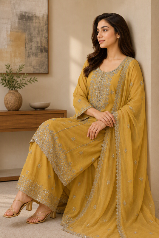 Semi Stitch - Lemon Yellow Embroidered Kurta Sharara Set with Dupatta. - Image 3