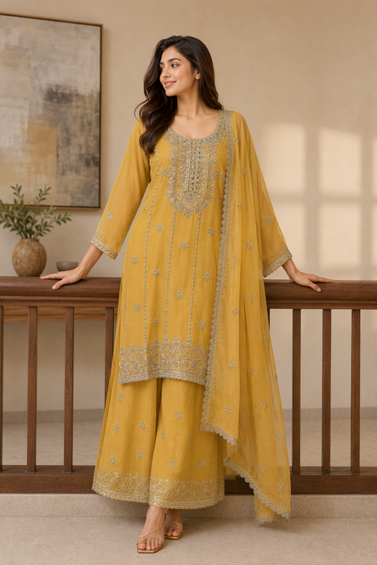 Semi Stitch - Lemon Yellow Embroidered Kurta Sharara Set with Dupatta. - Image 4